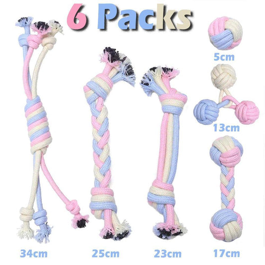 Lot de 6 jouets en corde rose-bleu-blanc - Tao-K9